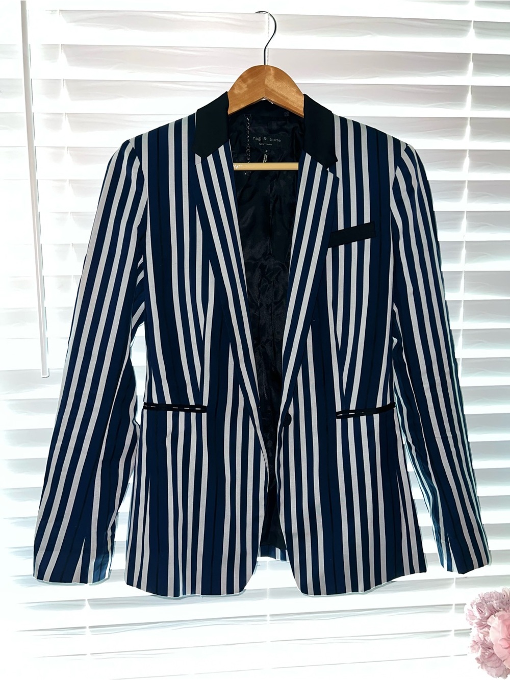 rag & bone Navy and White Striped Blazer with Black Collar